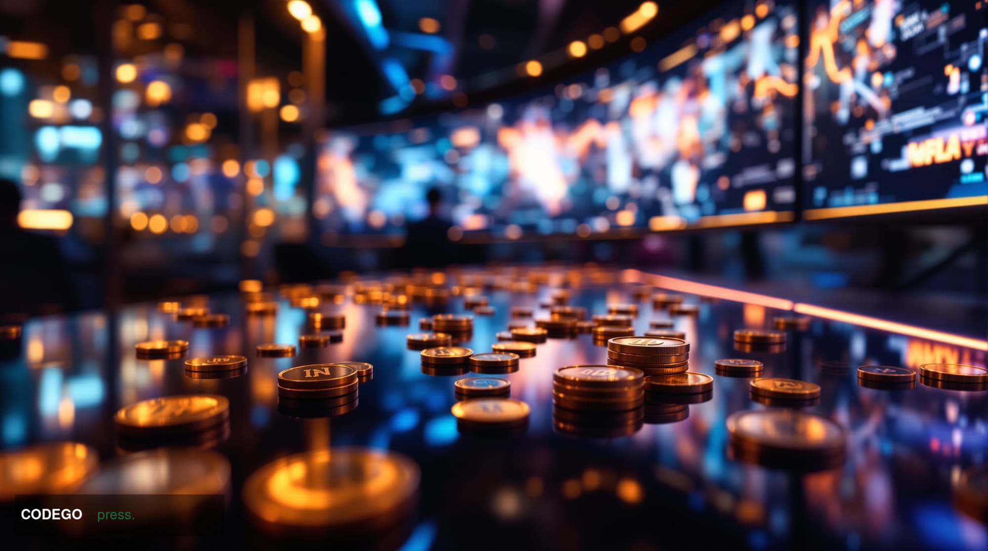 A cinematic editorial photograph capturing the intersection of cryptocurrency and digital gaming through a high-tech casino e
