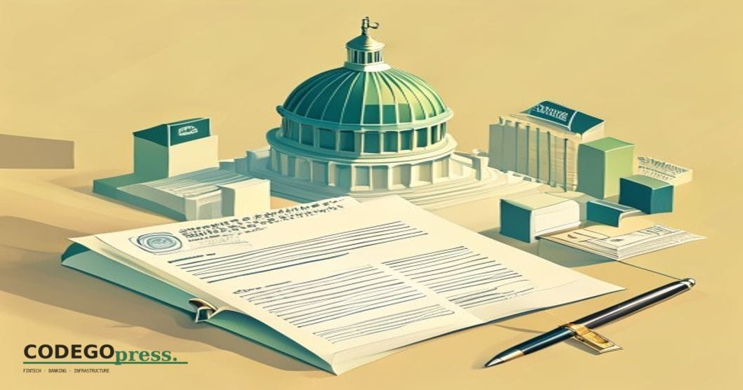 flat 3D isometric vector editorial illustration, banking-green primary (#1A6B43), cream background, gold and navy accents, so