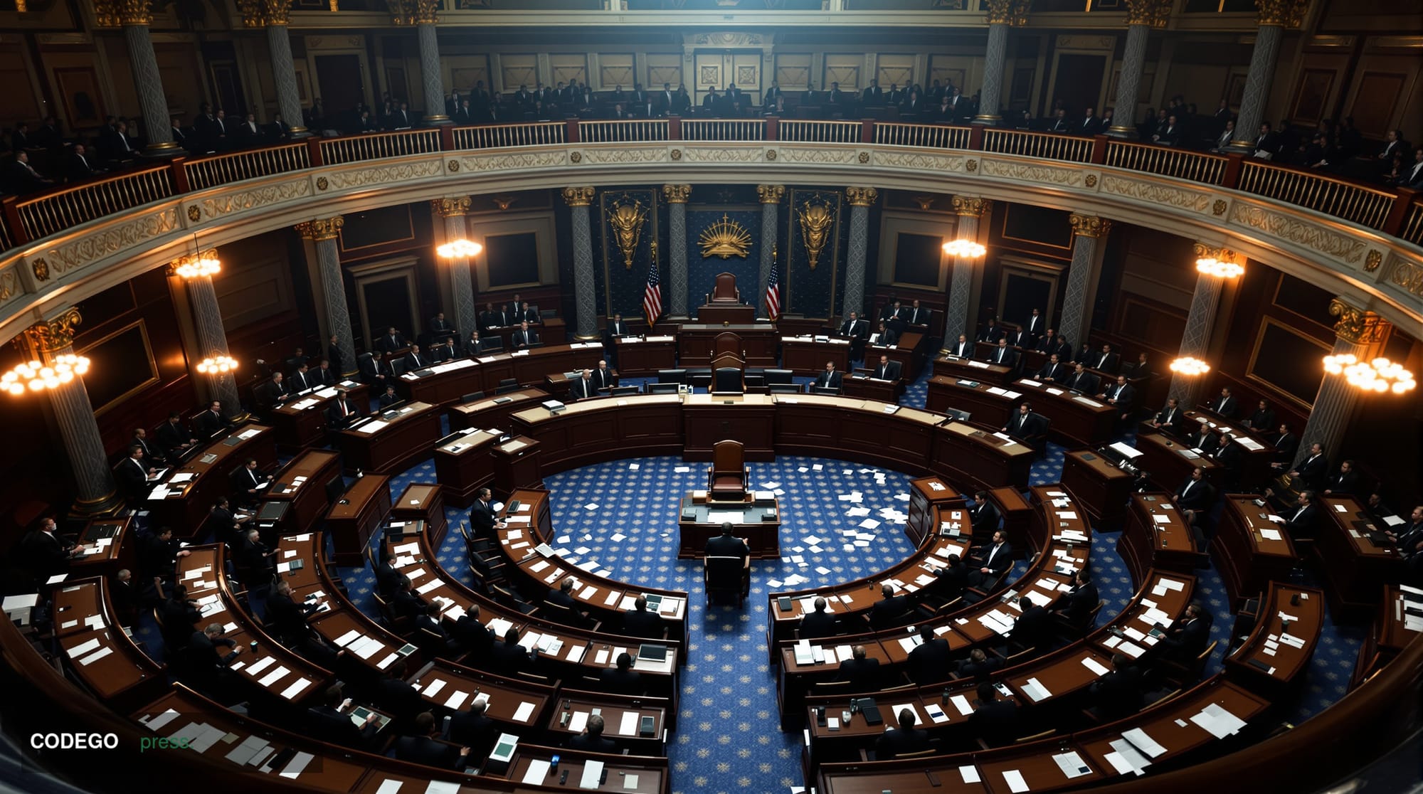 A dramatic photorealistic editorial photograph of the United States Senate chamber during a tense markup session, captured fr