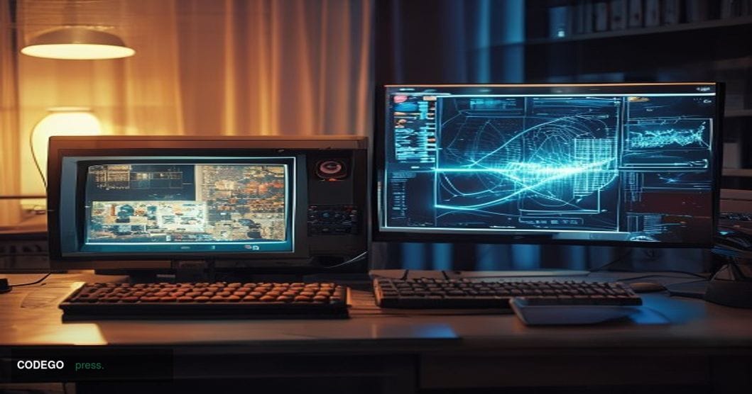 A cinematic split-screen editorial photograph showing the contrast between past and present digital fascination. Left side: a