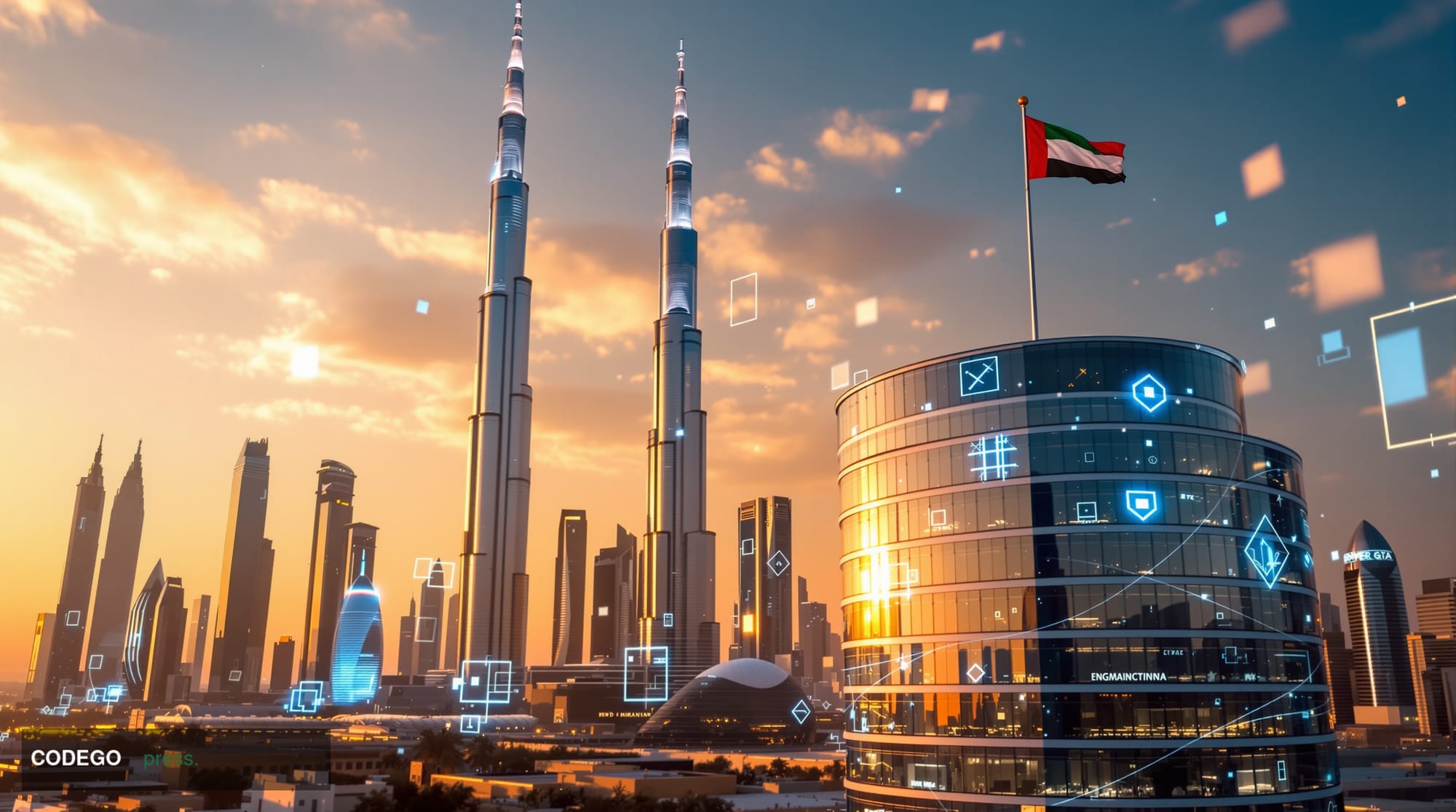 Photorealistic 8K editorial photograph showing the iconic Dubai skyline with the Burj Khalifa and Emirates Towers prominently