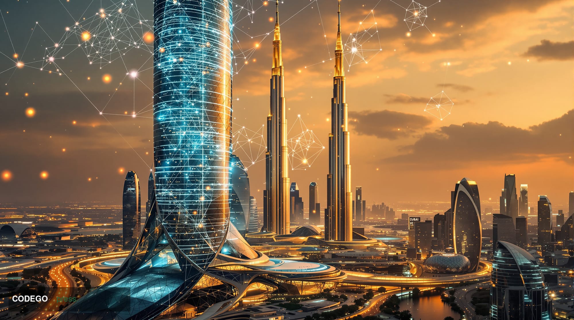 A photorealistic editorial photograph showcasing Dubai's futuristic skyline at golden hour with the iconic Burj Khalifa and E