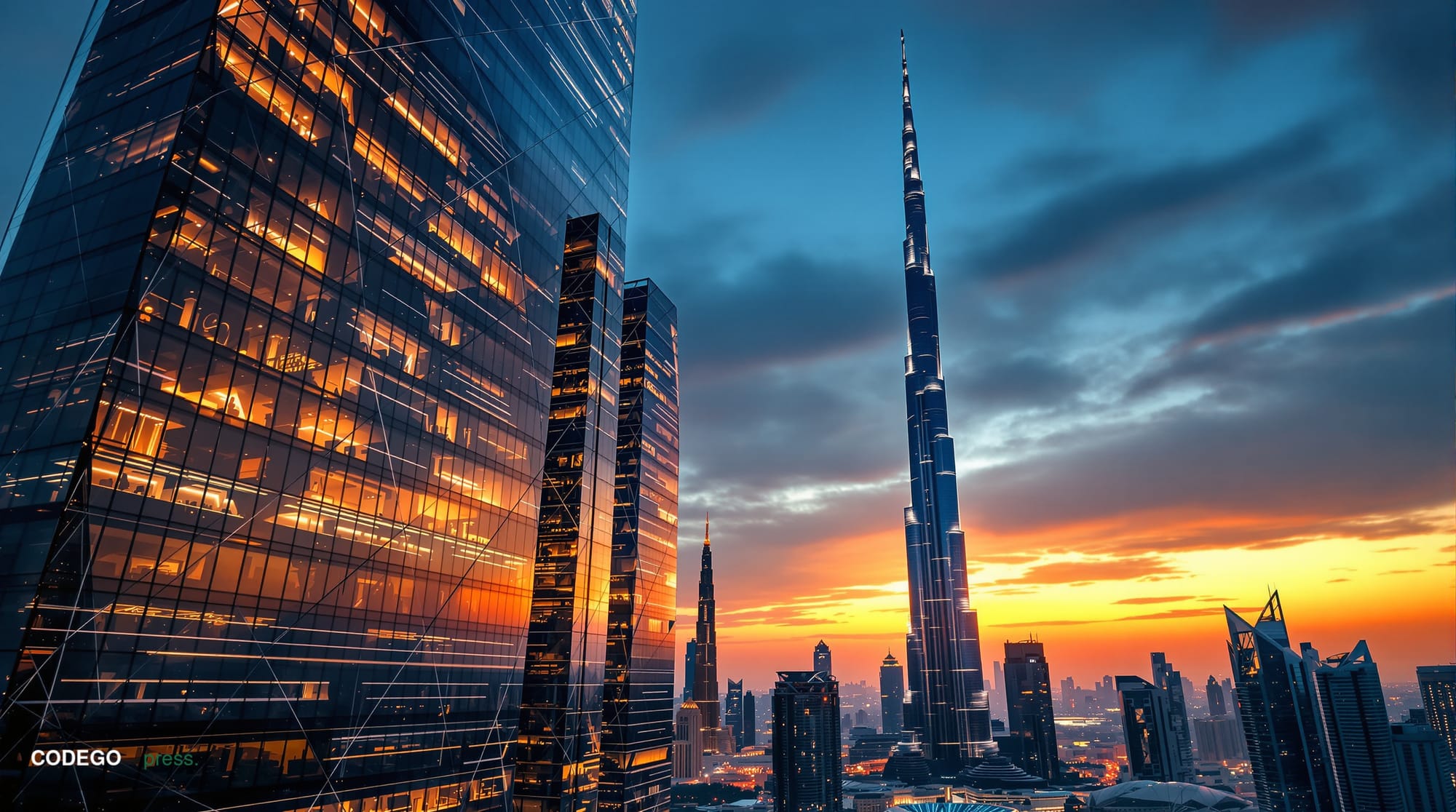 A cinematic editorial photograph showcasing Dubai's iconic skyline at golden hour with the Burj Khalifa and modern financial 