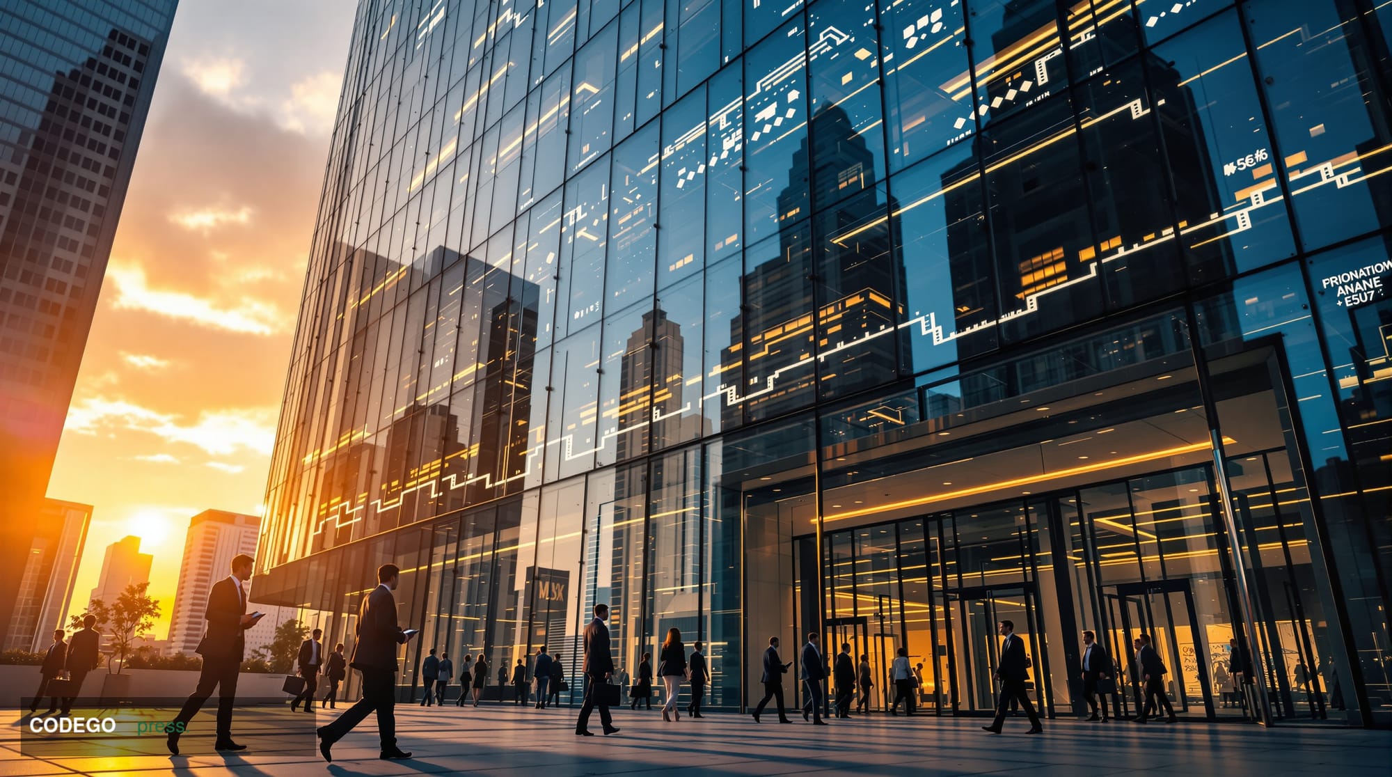 A photorealistic editorial photograph showing the modern headquarters of a major cryptocurrency exchange or blockchain compan