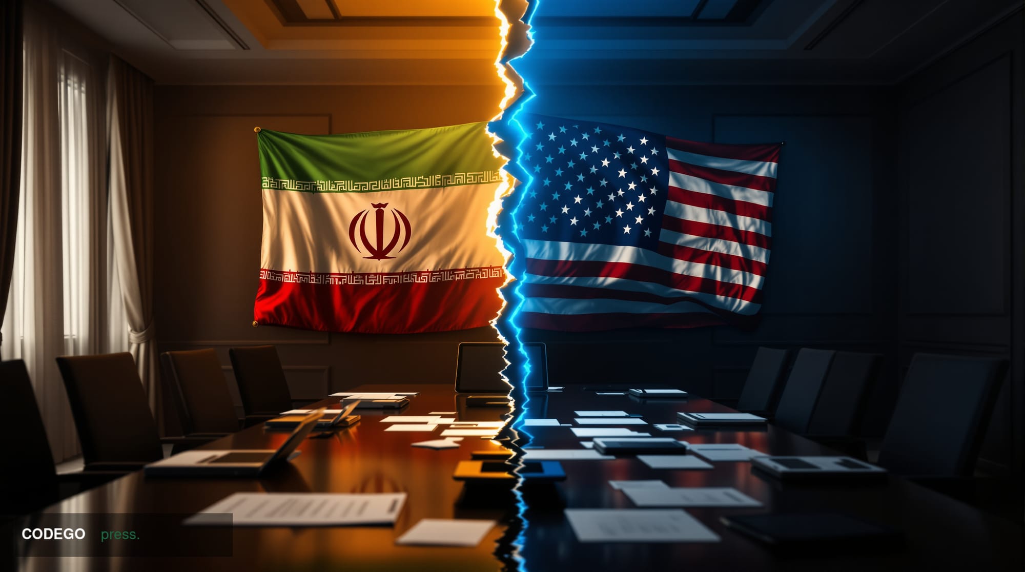 A cinematic editorial news photograph capturing the collapsed diplomatic negotiations through a split composition showing the