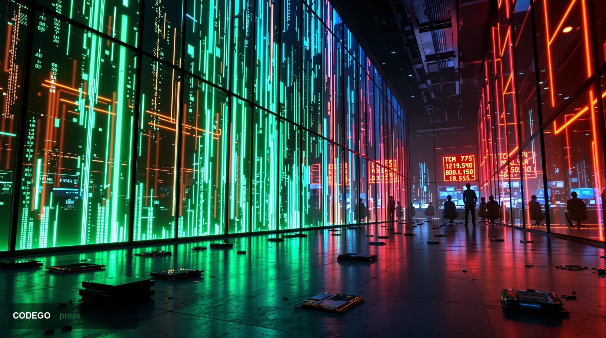 A cinematic 8K photorealistic image of a futuristic cryptocurrency trading floor or blockchain development center, shot from 