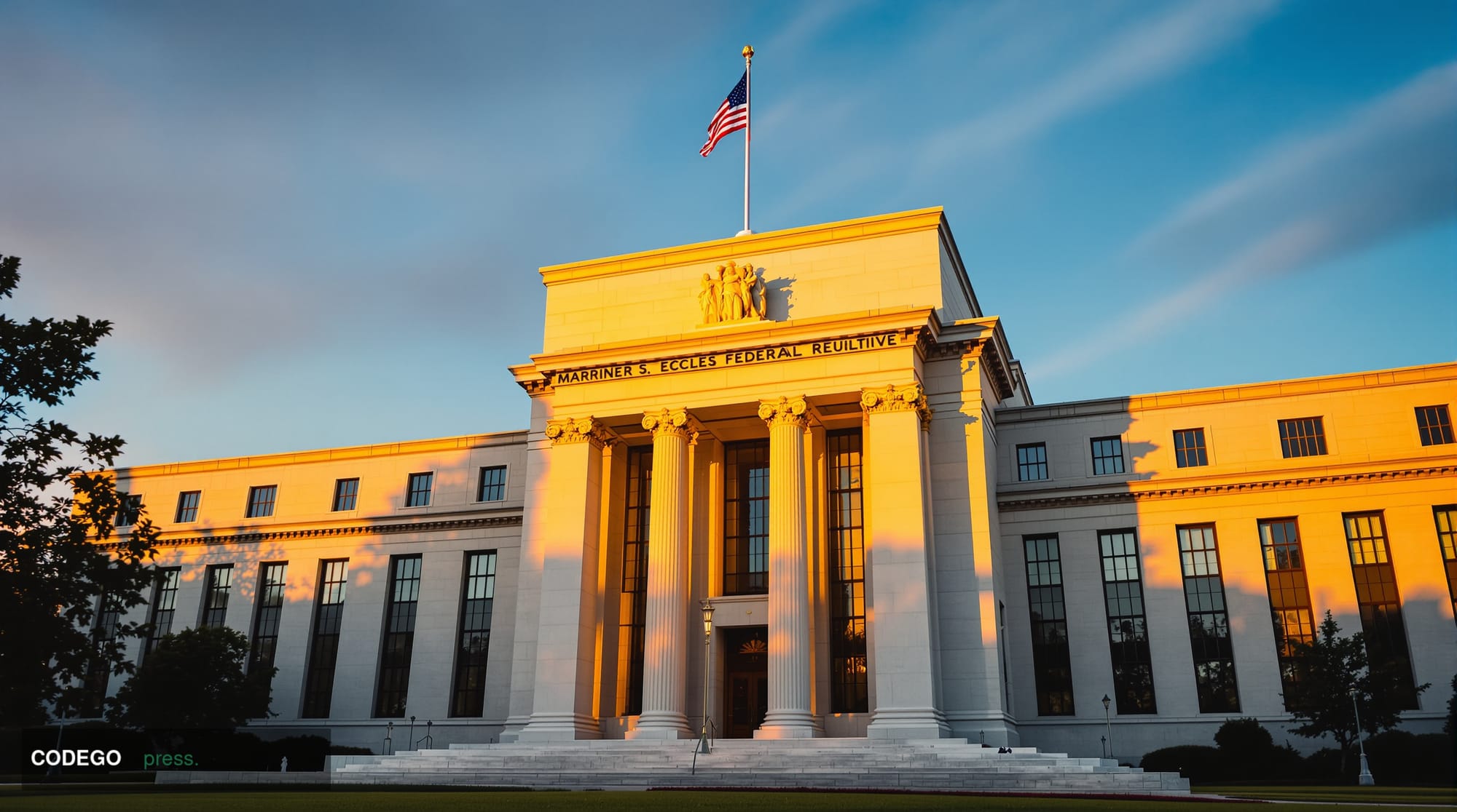 A cinematic editorial photograph of the imposing Federal Reserve building in Washington D.C., captured from a low angle to em