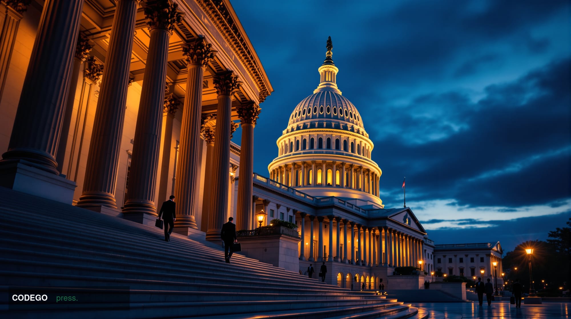 A cinematic editorial photograph showcasing the United States Capitol building in Washington D.C. at golden hour, with dramat