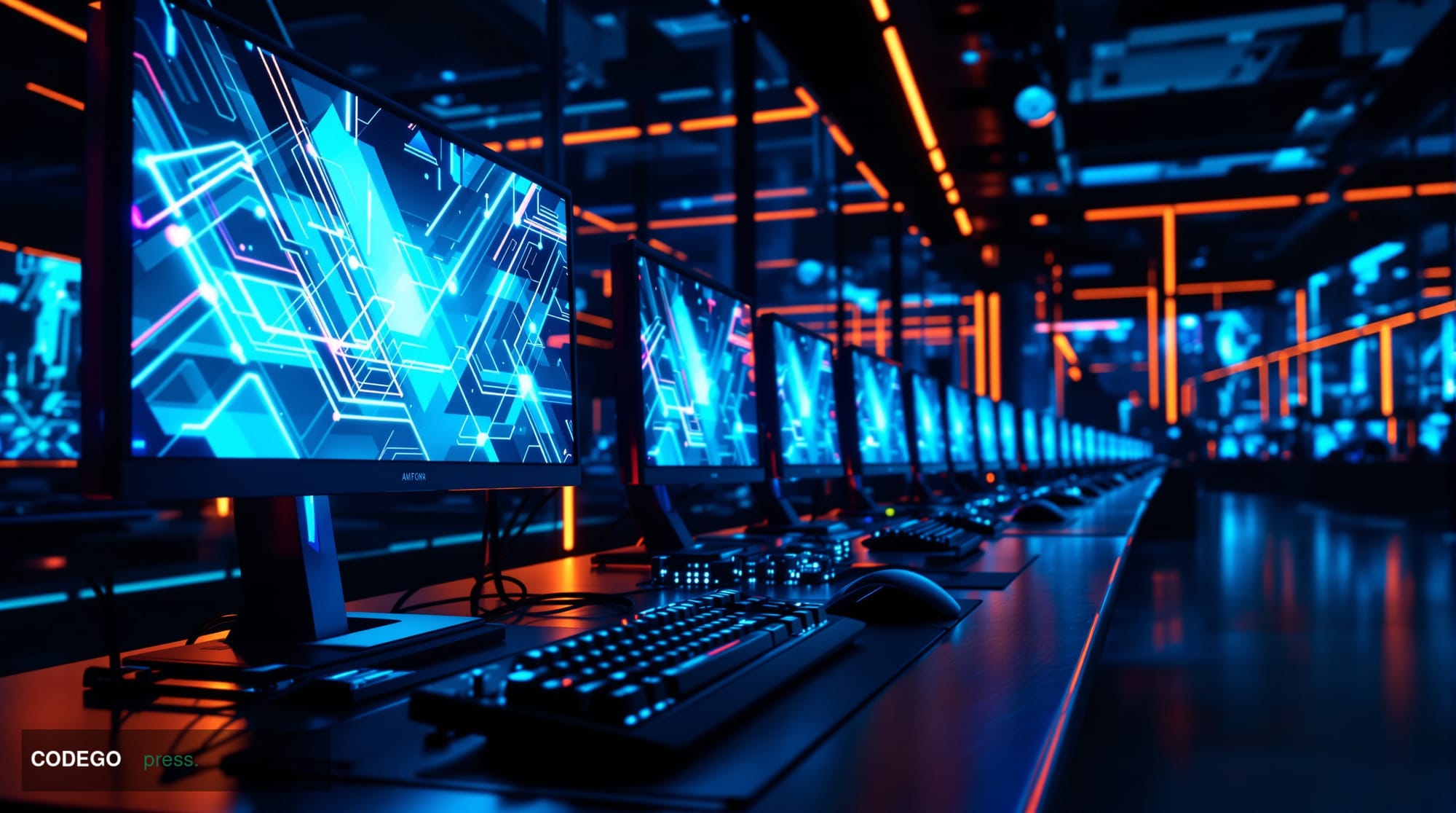 A cinematic editorial photograph showcasing a high-tech gaming environment with multiple cryptocurrency symbols (Bitcoin, Eth