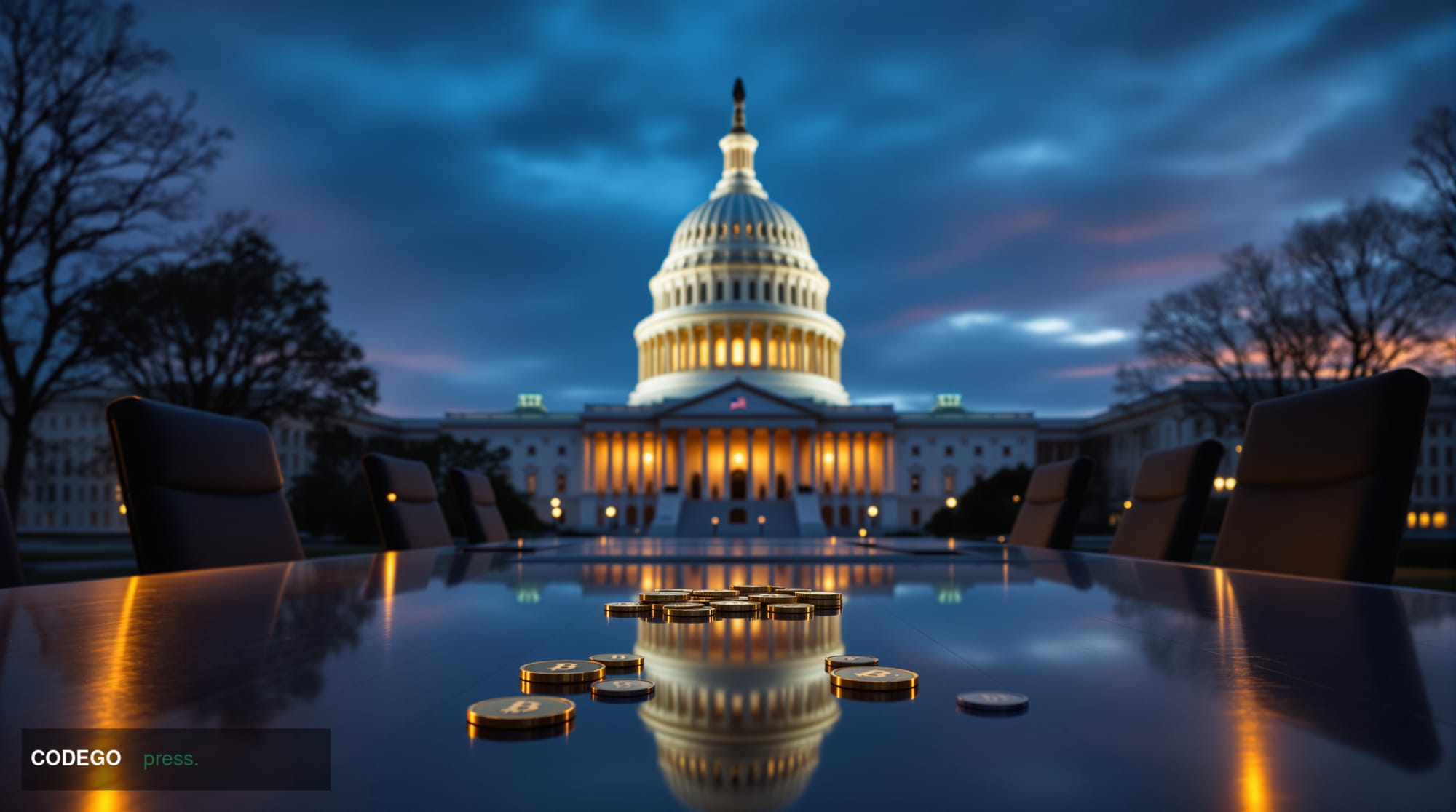 A photorealistic editorial photograph capturing the intersection of cryptocurrency and American politics, featuring the iconi