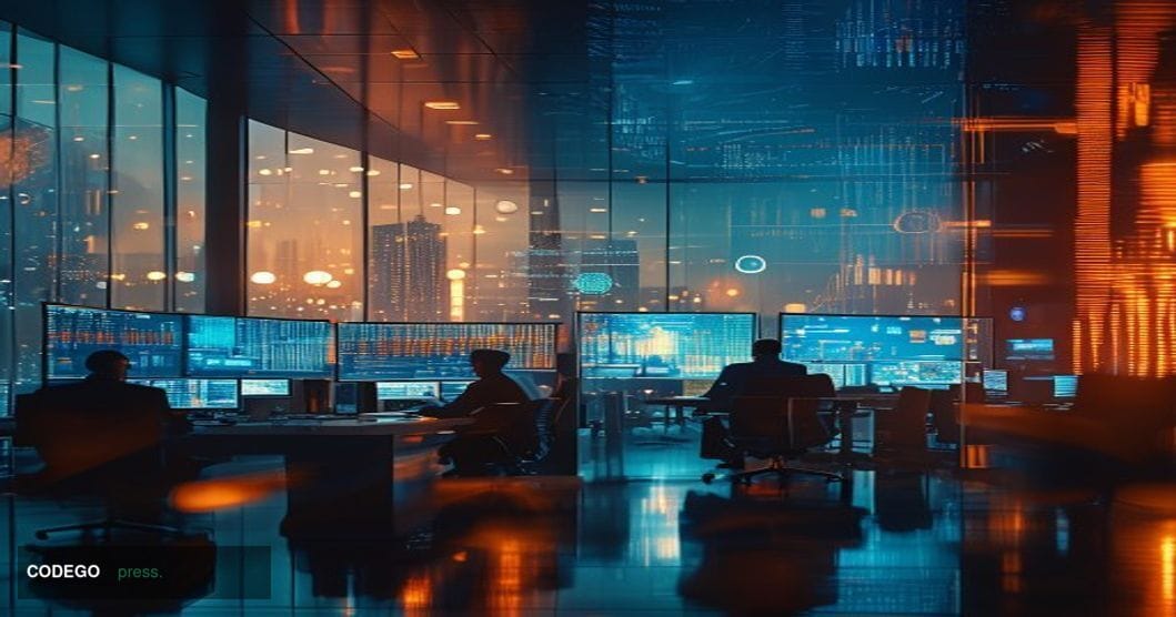A cinematic editorial photograph of a sophisticated cryptocurrency trading floor or modern financial district at dusk, captur