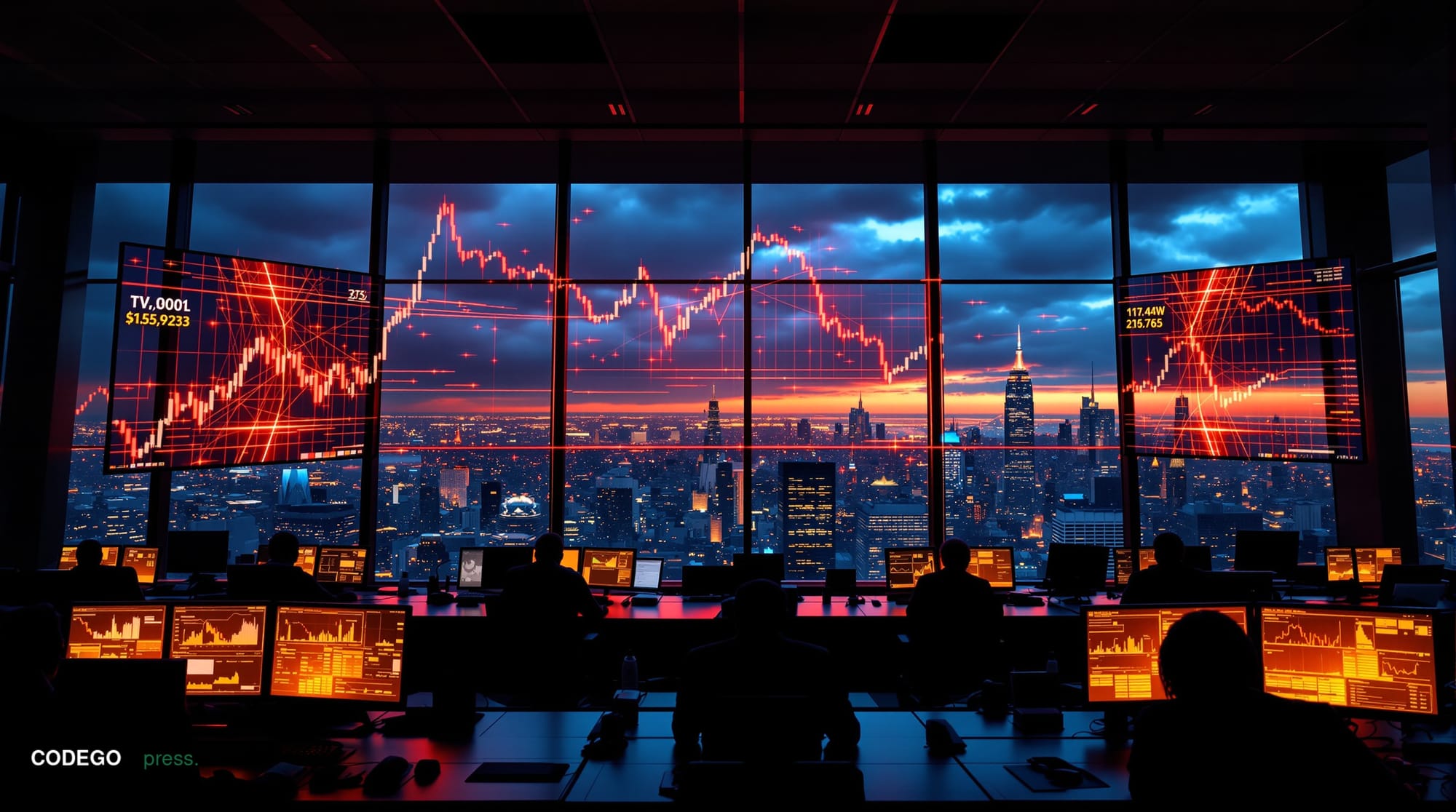 A dramatic photorealistic editorial photograph capturing the intersection of geopolitical crisis and financial markets. The c