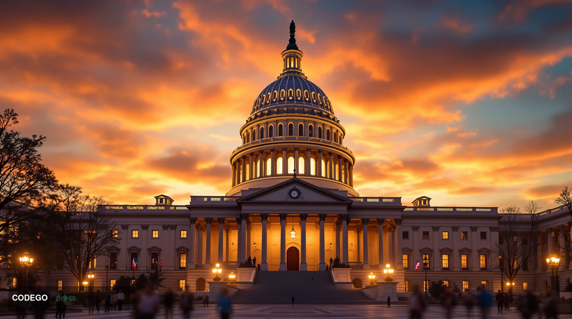 A photorealistic editorial photograph capturing the intersection of American politics and cryptocurrency influence. The scene