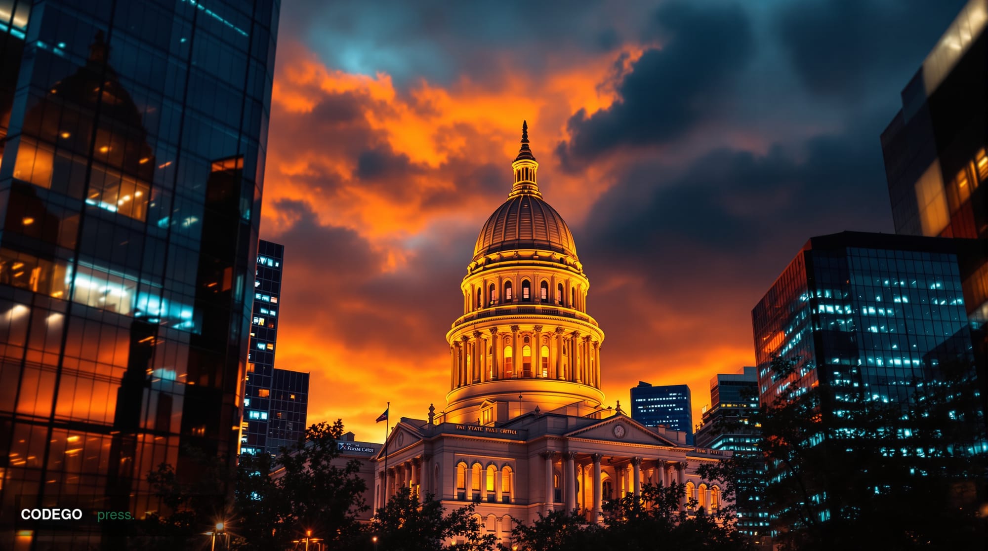 A cinematic editorial photograph capturing the Texas State Capitol building in Austin at golden hour, with dramatic warm ambe