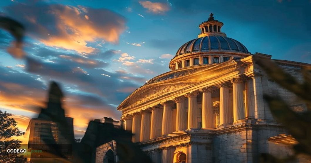 A photorealistic editorial photograph of the Georgia State Capitol building in Atlanta during golden hour, with its distincti