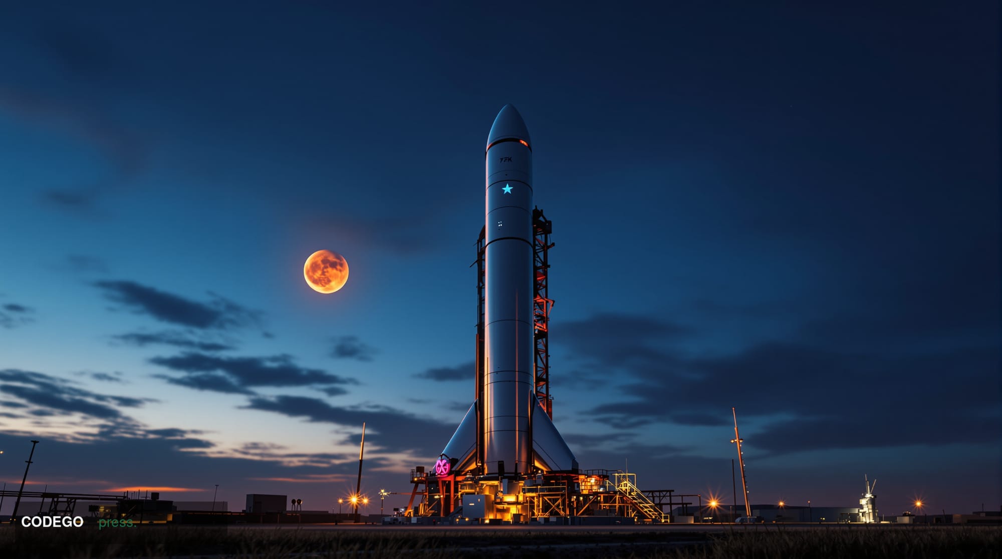 A dramatic photorealistic editorial photograph showing SpaceX's Starship rocket on the launch pad at Starbase, Texas, with th