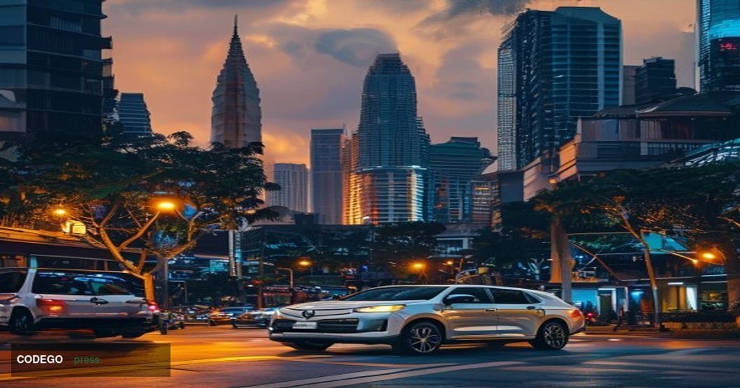 A photorealistic editorial photograph capturing the intersection of cryptocurrency crime and Southeast Asian urban developmen