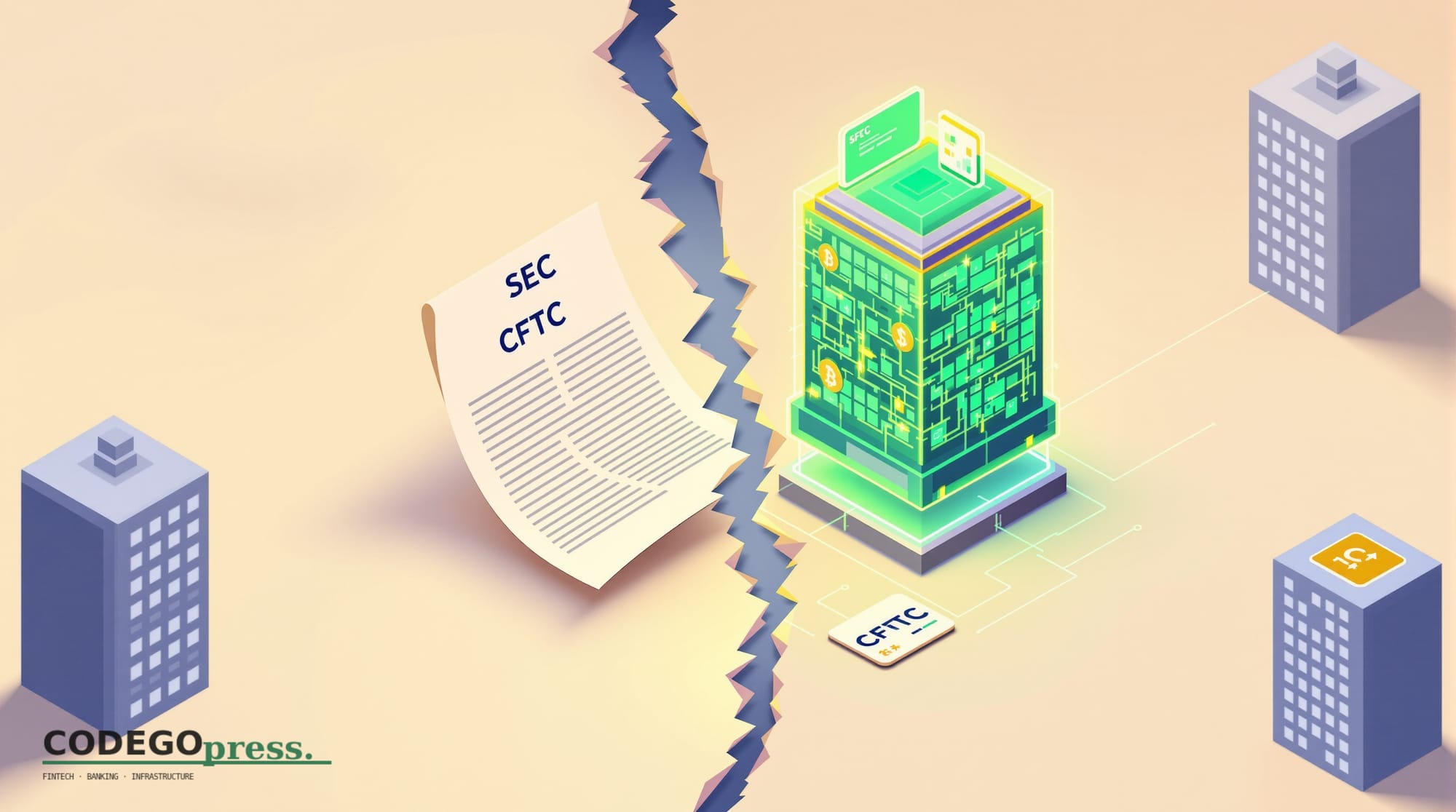 Flat 3D isometric vector editorial illustration. Scene: a split composition showing two regulatory documents on the left (one