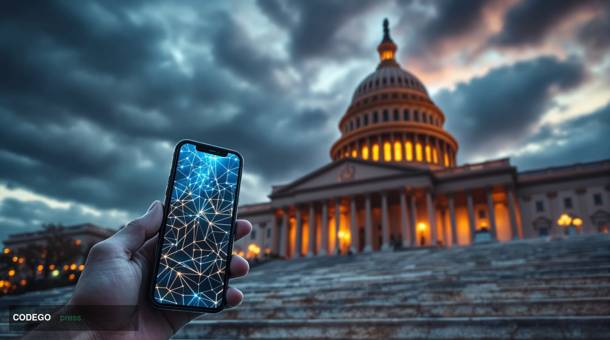 A dramatic photorealistic editorial photograph capturing the intersection of cryptocurrency and geopolitics, shot from a low 