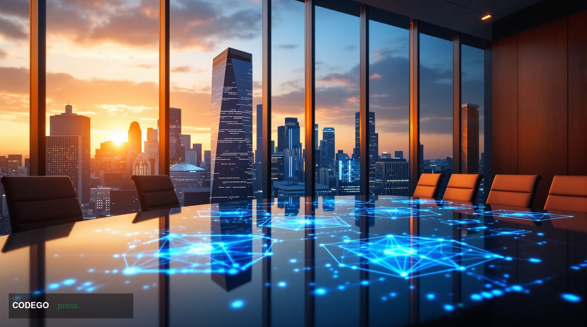 A photorealistic editorial photograph of a modern financial district boardroom with floor-to-ceiling windows overlooking a ma