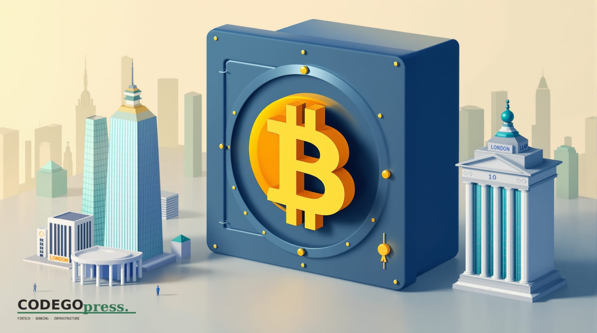 Large Bitcoin symbol in gold against a navy bank-vault door in centre, European Central Bank twin-glass-tower silhouette on t