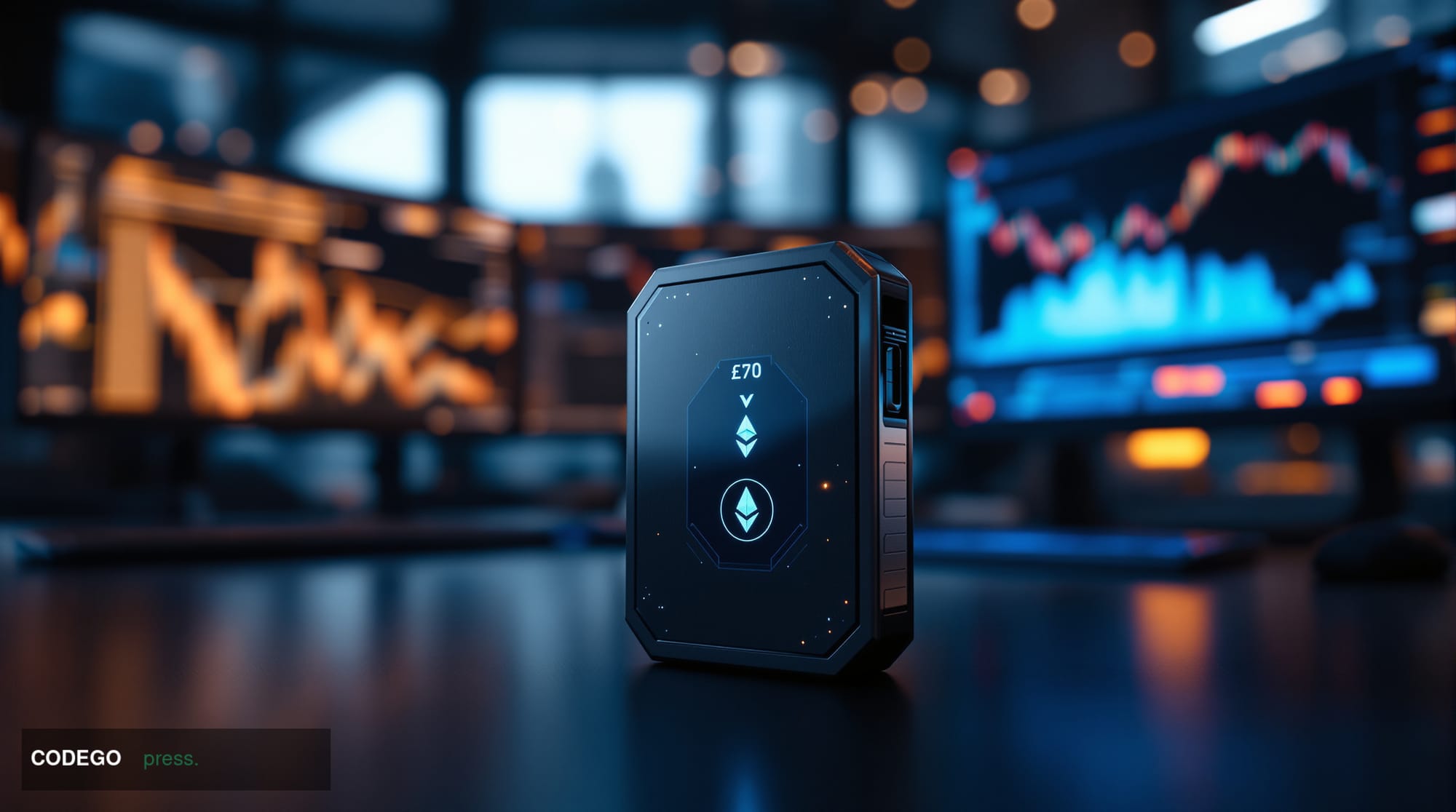 A photorealistic editorial photograph showing a high-tech cryptocurrency hardware wallet device in sharp focus in the foregro