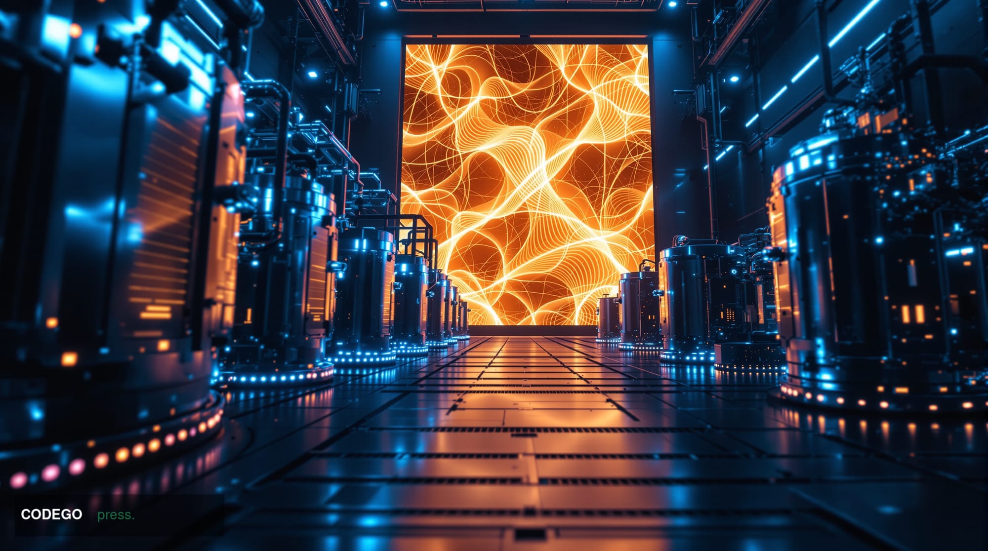 A dramatic cinematic photograph showing a massive quantum computing facility with its distinctive dilution refrigerator chamb