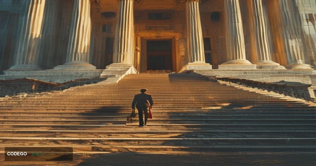 # Image Prompt: Custodia Bank Supreme Court Legal Battle

A dramatic wide-angle shot of the Supreme Court building's iconic w