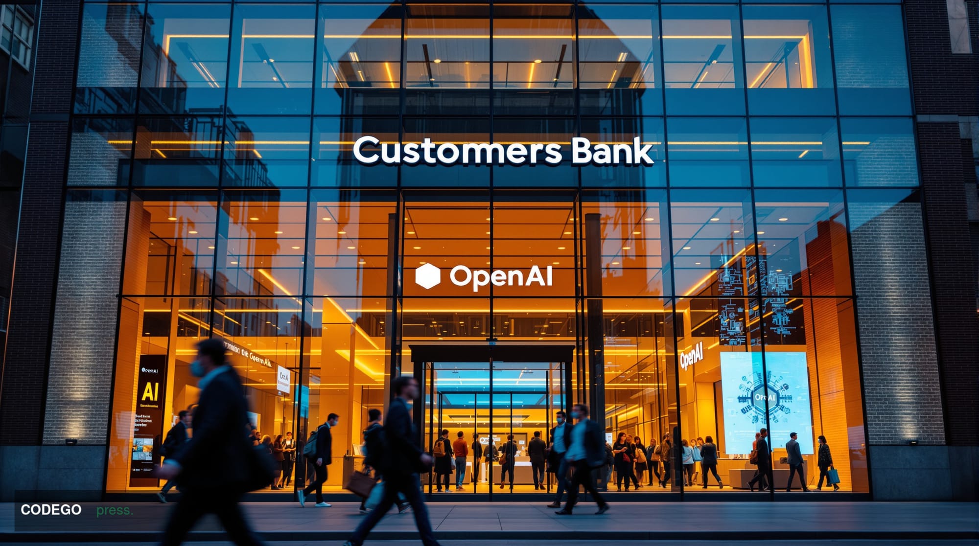 A photorealistic editorial photograph showing the modern glass facade of Customers Bank headquarters in Pennsylvania, with th