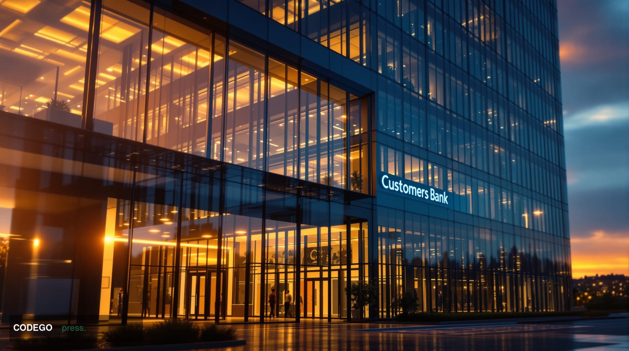 A cinematic editorial photograph showcasing the modern headquarters of Customers Bank in Pennsylvania, captured during the go