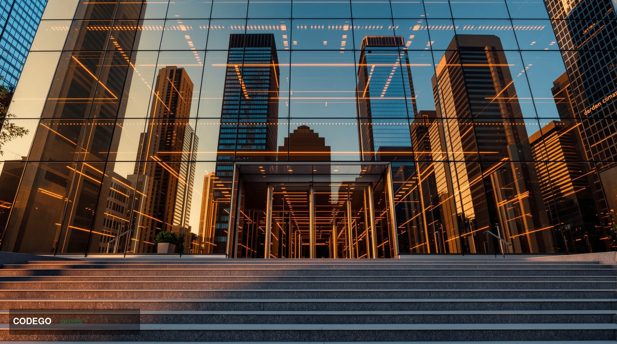 A cinematic editorial photograph showing the imposing glass facade of a major cryptocurrency exchange headquarters in downtow