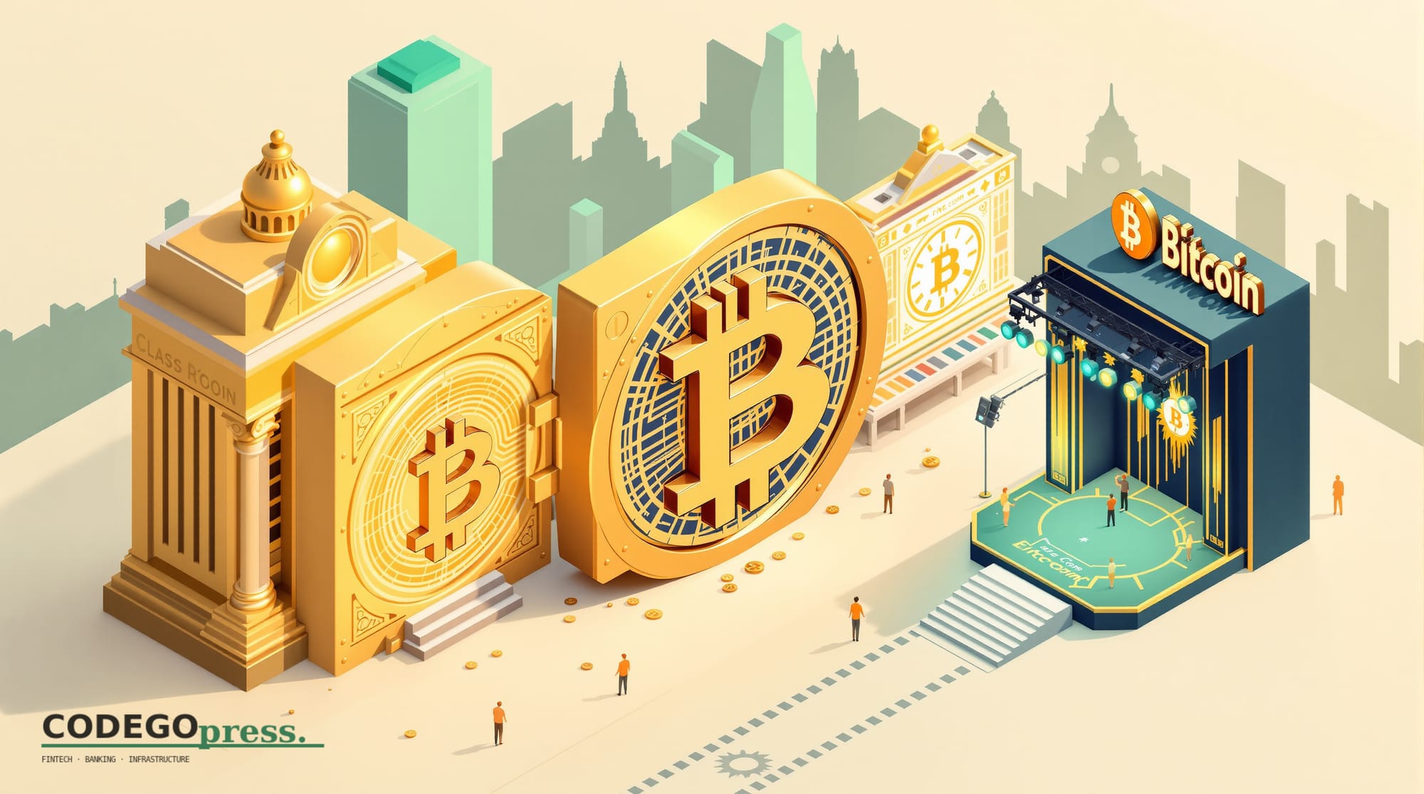 Large golden Bitcoin block in centre with bank-vault door detail, Czech National Bank neoclassical building with Prague astro