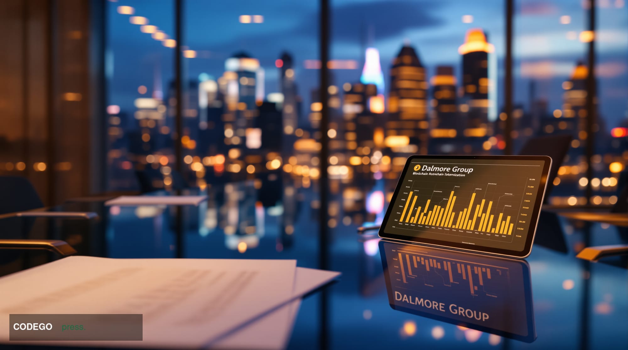 A sophisticated corporate boardroom scene showcasing the convergence of traditional finance and blockchain technology. The ph