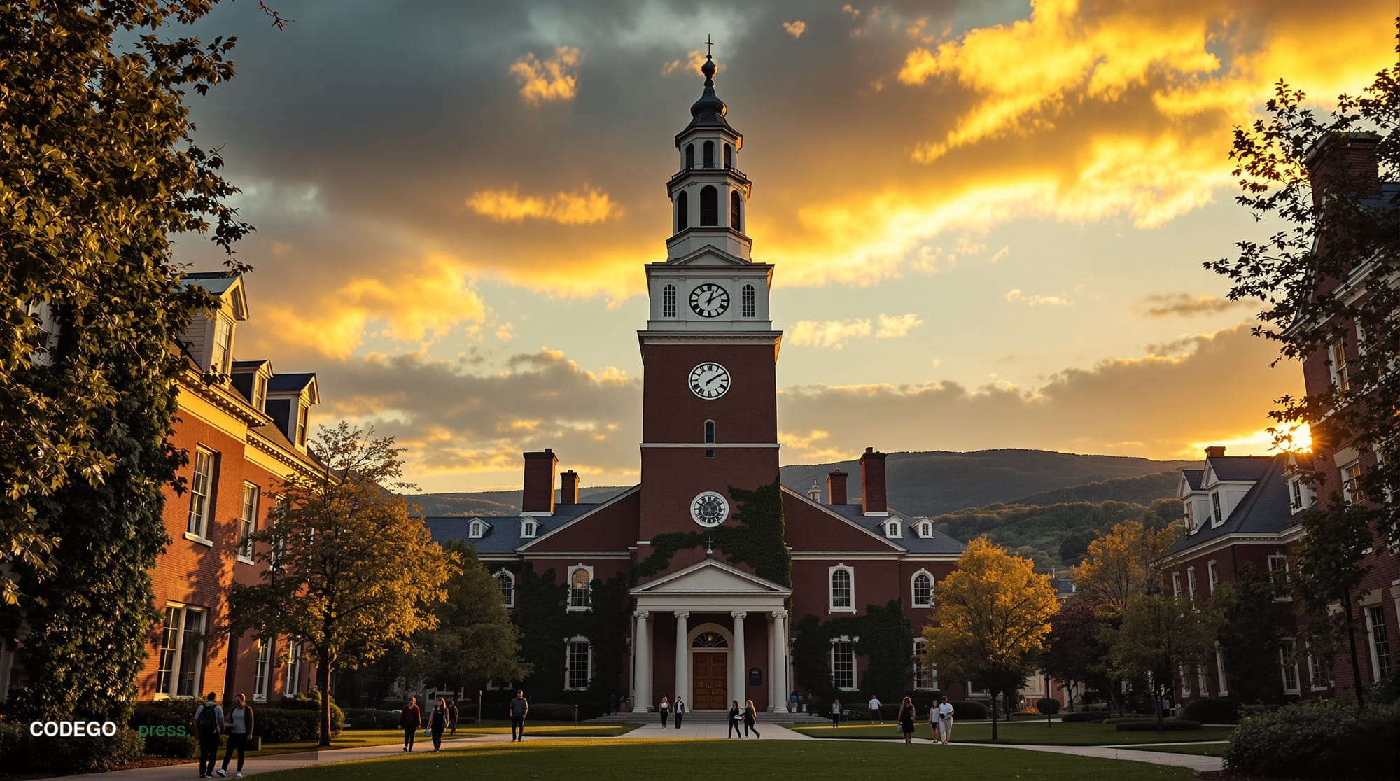 A cinematic editorial photograph of Dartmouth College's iconic Baker-Berry Library tower and Georgian colonial architecture o