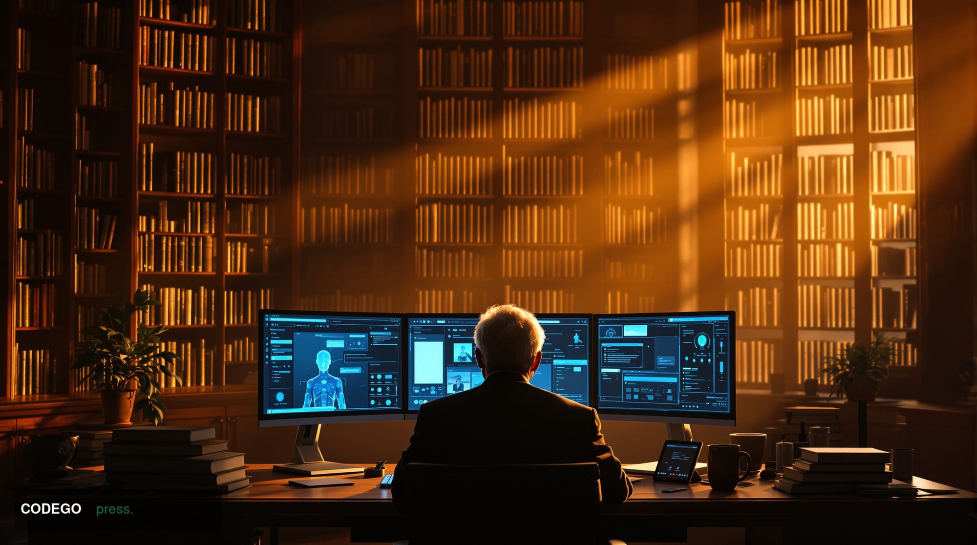A cinematic editorial photograph capturing the intersection of human consciousness and artificial intelligence, featuring a s