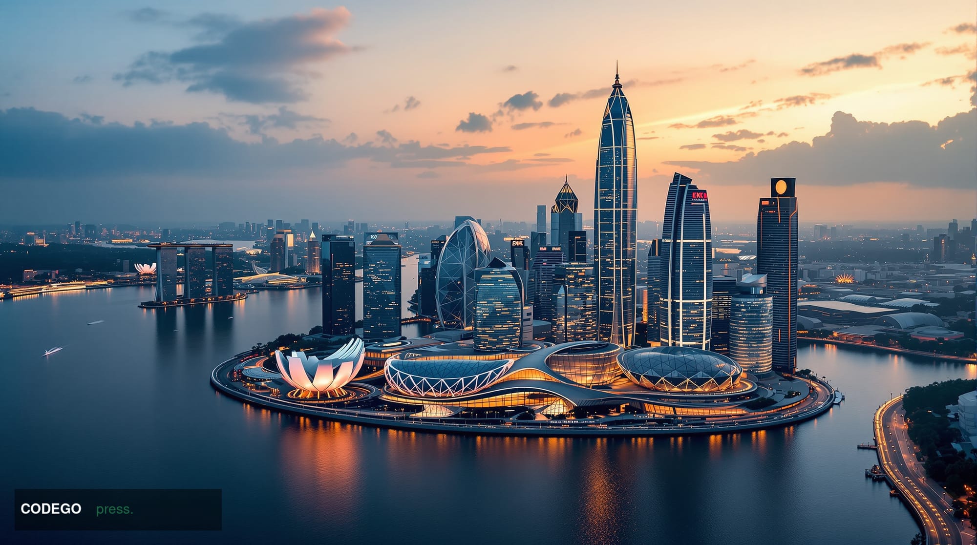 A dramatic aerial view of Singapore's Marina Bay Financial Centre at golden hour, showcasing the iconic skyline with its glea