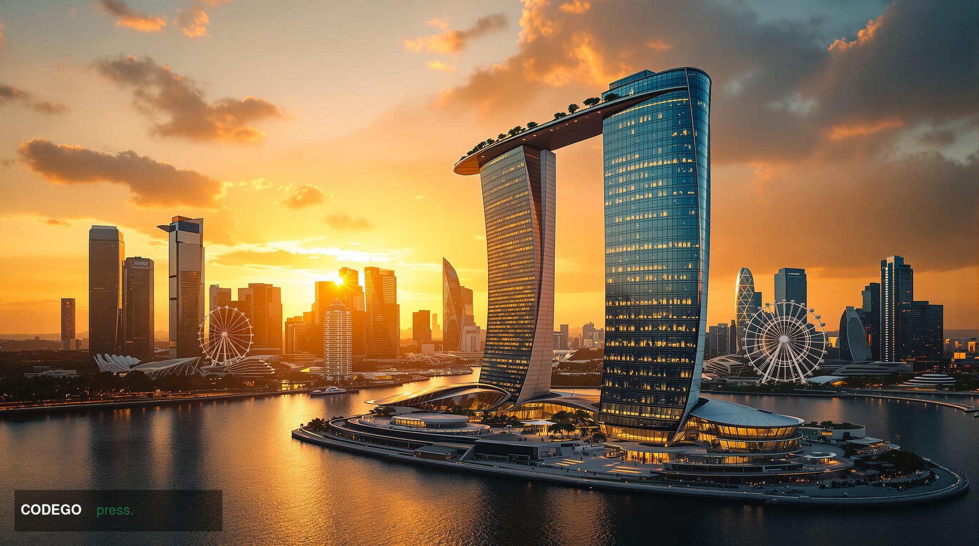 Cinematic editorial photograph of DBS Bank's iconic Marina Bay headquarters in Singapore's financial district during golden h