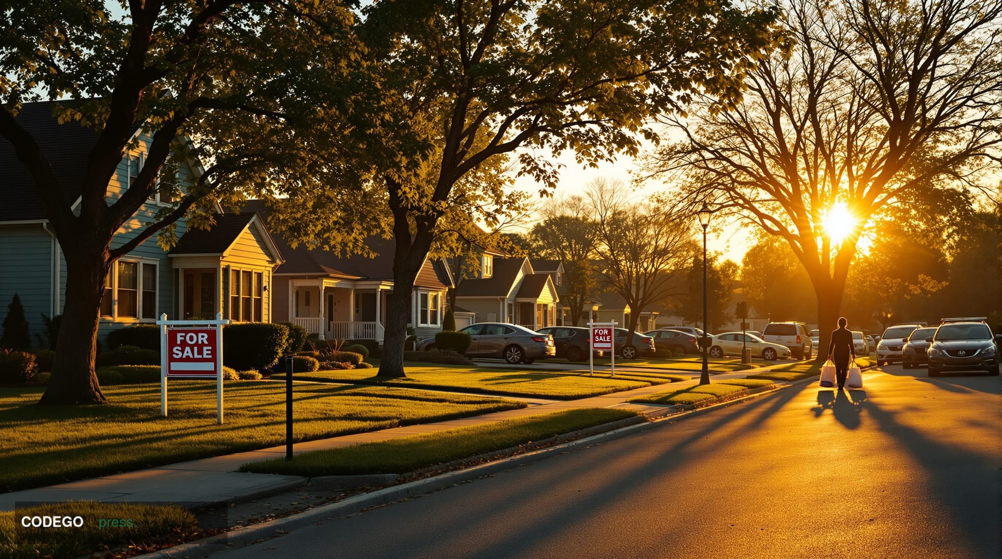 A cinematic editorial photograph showing a middle-class American suburban street at golden hour, with a mix of modest single-