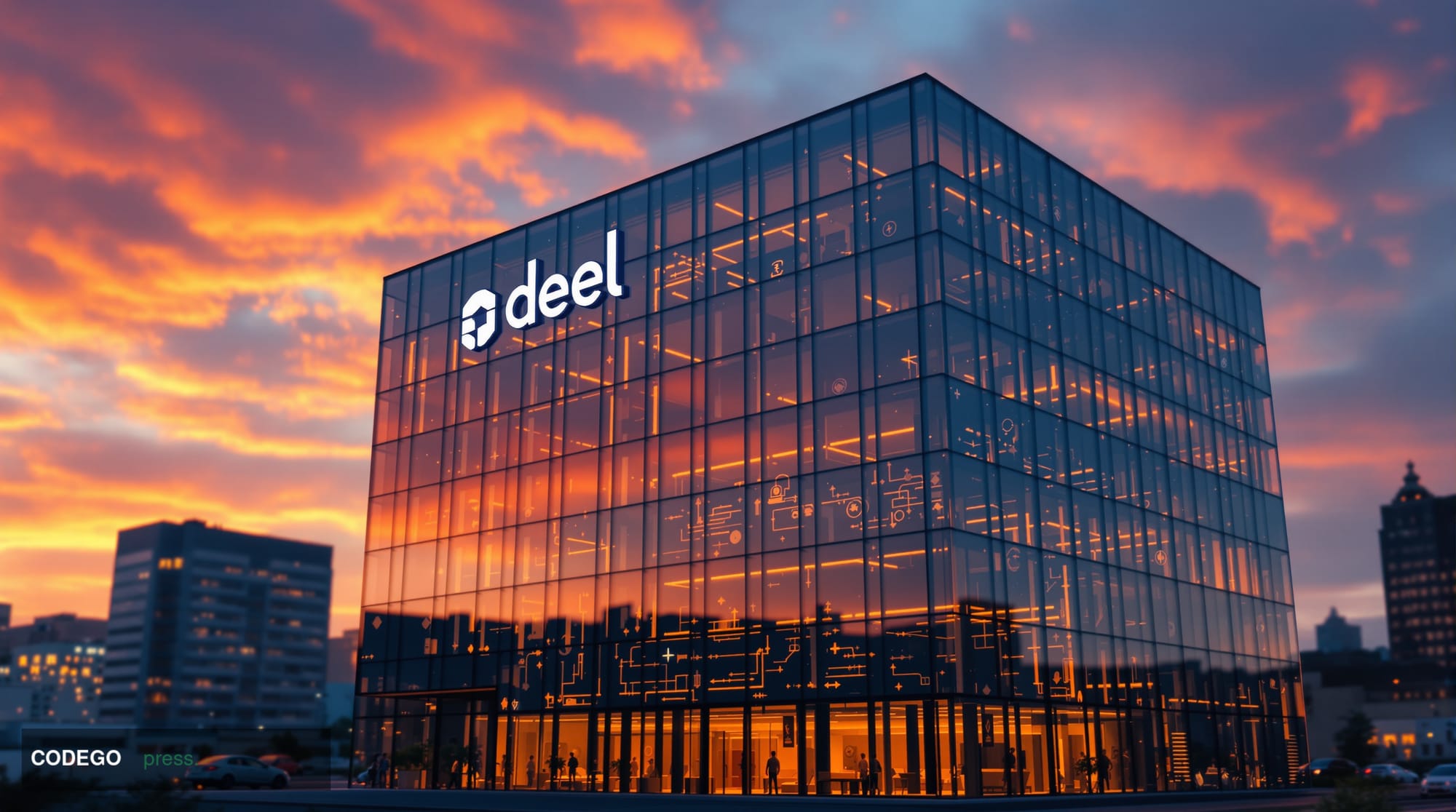 A photorealistic editorial photograph of Deel's modern San Francisco headquarters building exterior shot from a low angle dur