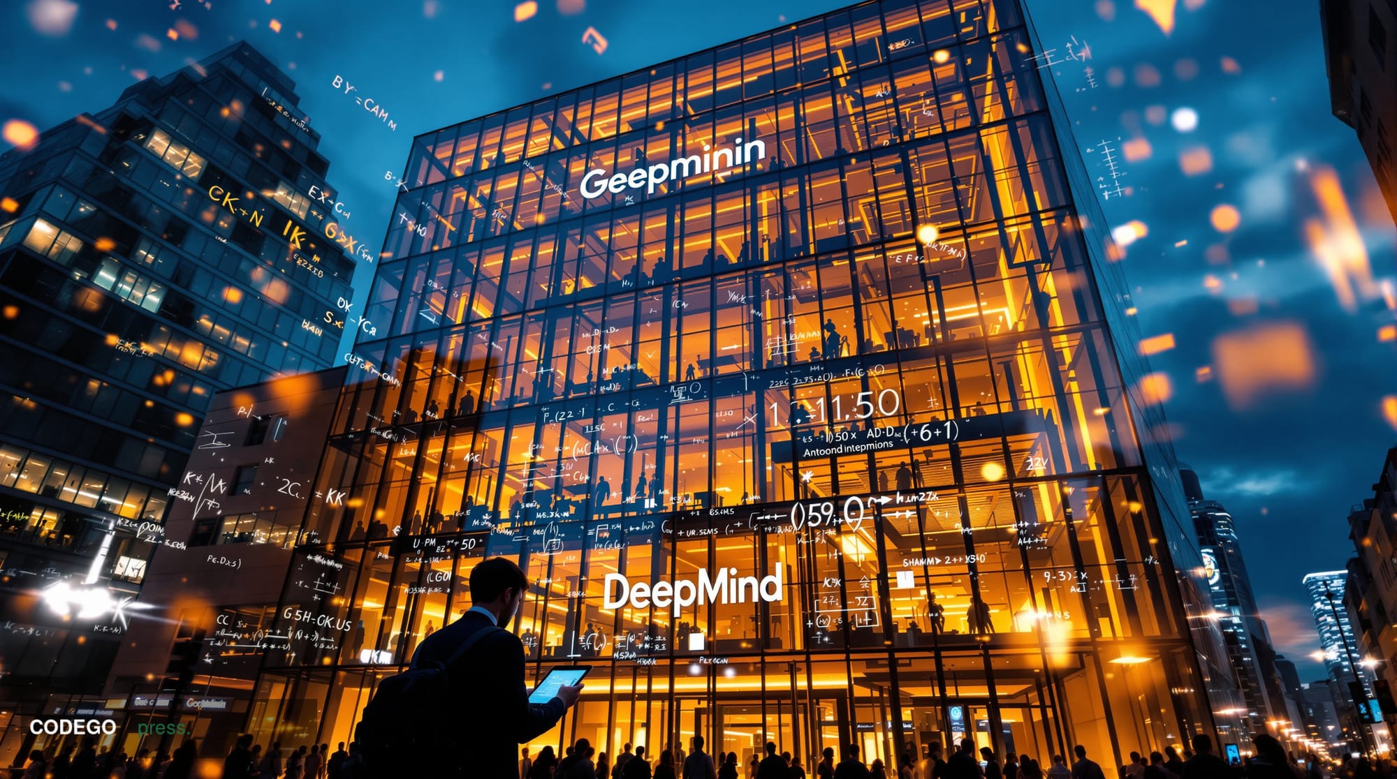 A photorealistic editorial photograph showcasing Google DeepMind's London headquarters at King's Cross, captured from a drama