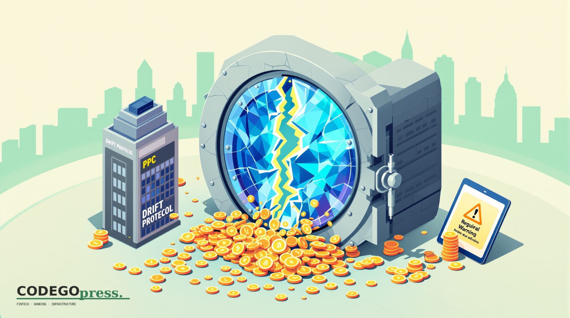 Large fractured crystal vault door in centre showing cascading orange and navy crypto tokens spilling downward, Drift Protoco
