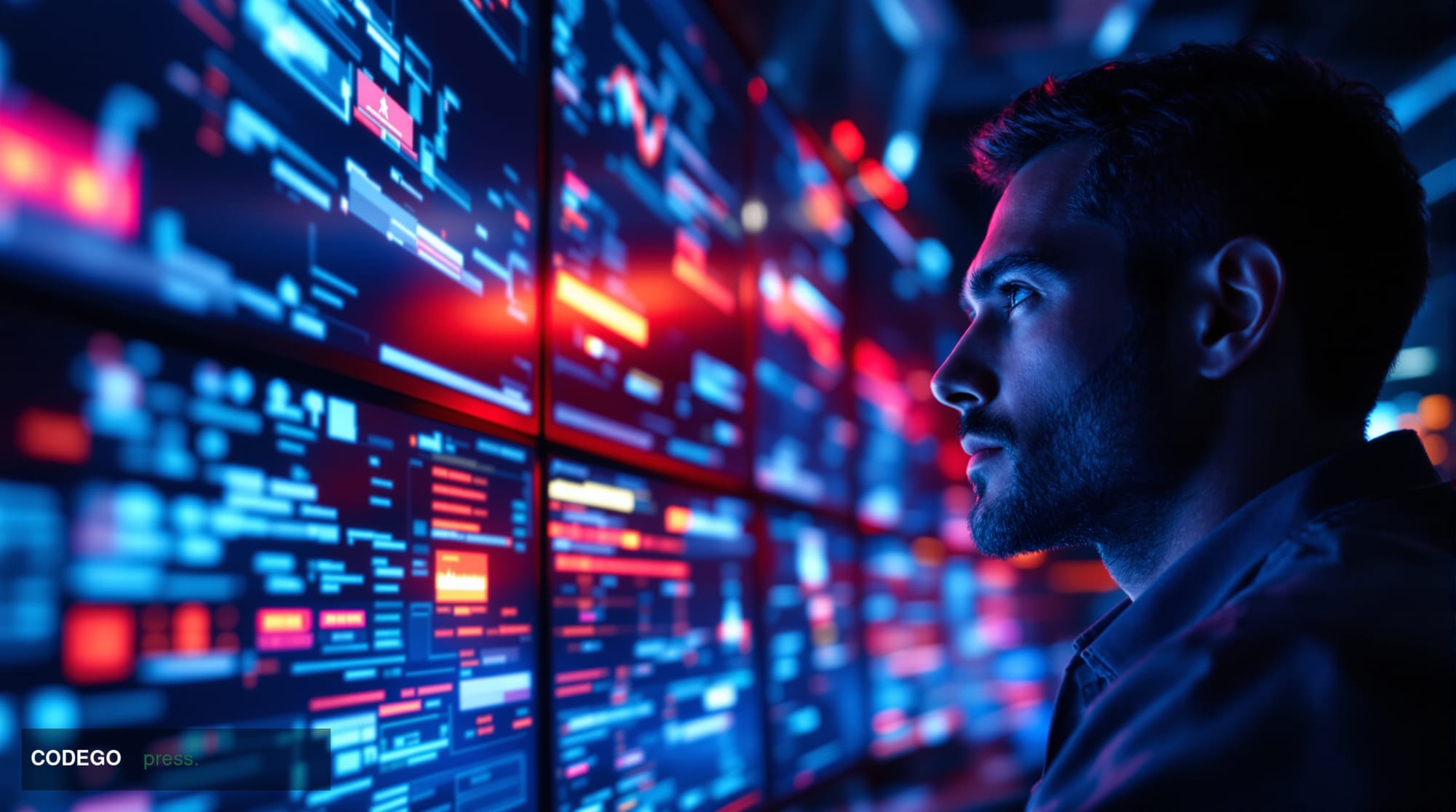 Photorealistic editorial photograph of a high-tech security operations center at night, shot from a low angle looking upward 
