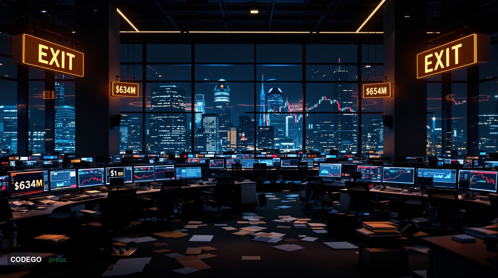 A dramatic photorealistic editorial photograph showing a massive digital trading floor or cryptocurrency exchange headquarter