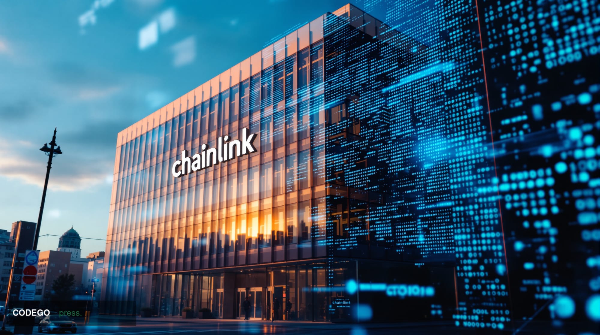 A cinematic editorial photograph showcasing the Chainlink headquarters building in San Francisco's SOMA district, shot from a