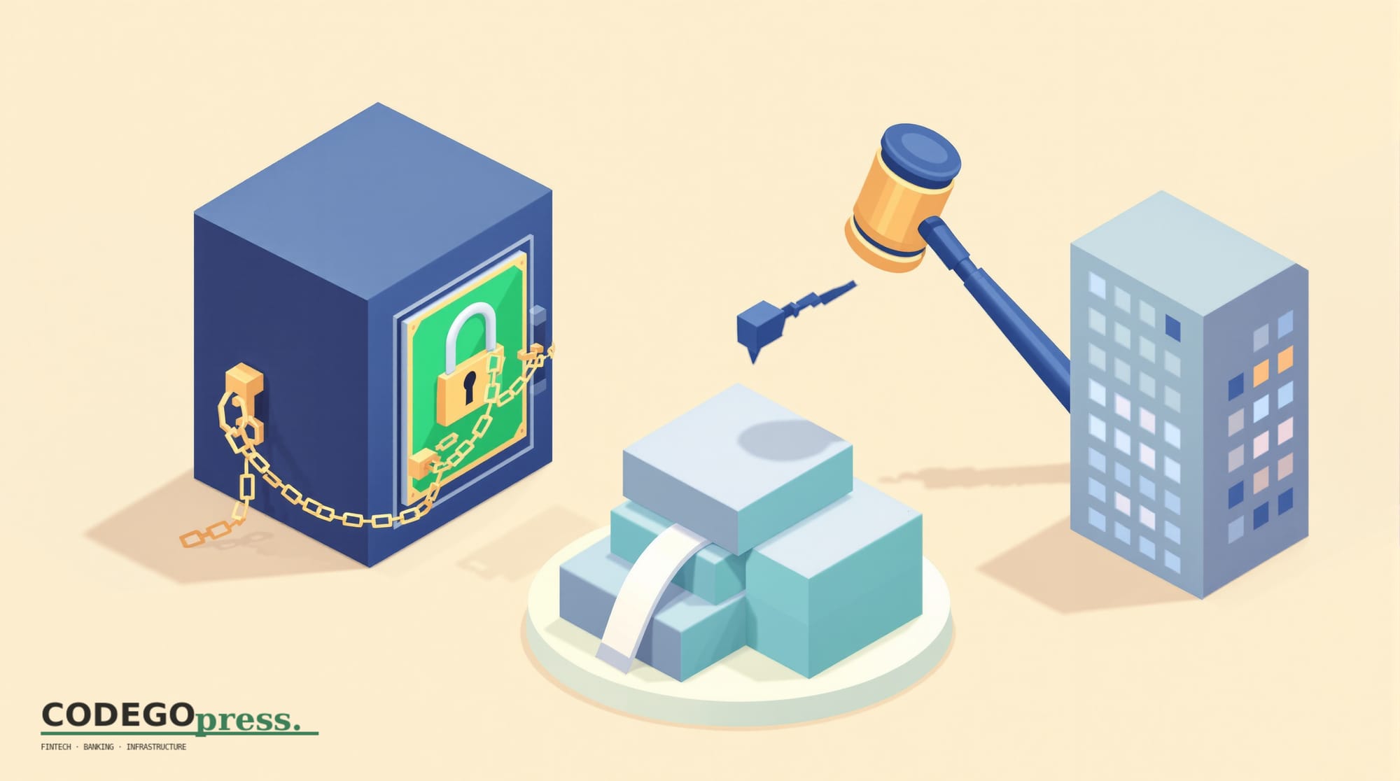 flat 3D isometric vector editorial illustration, banking-green primary (#1A6B43), cream background, gold and navy accents, so