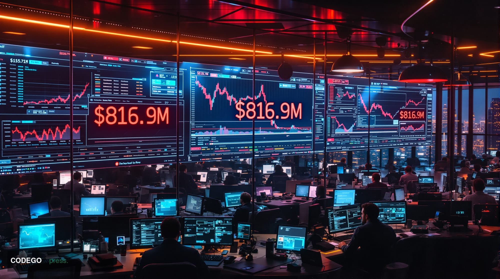 A dramatic photorealistic editorial photograph capturing the scale of DeFi security breaches through a cinematic composition 