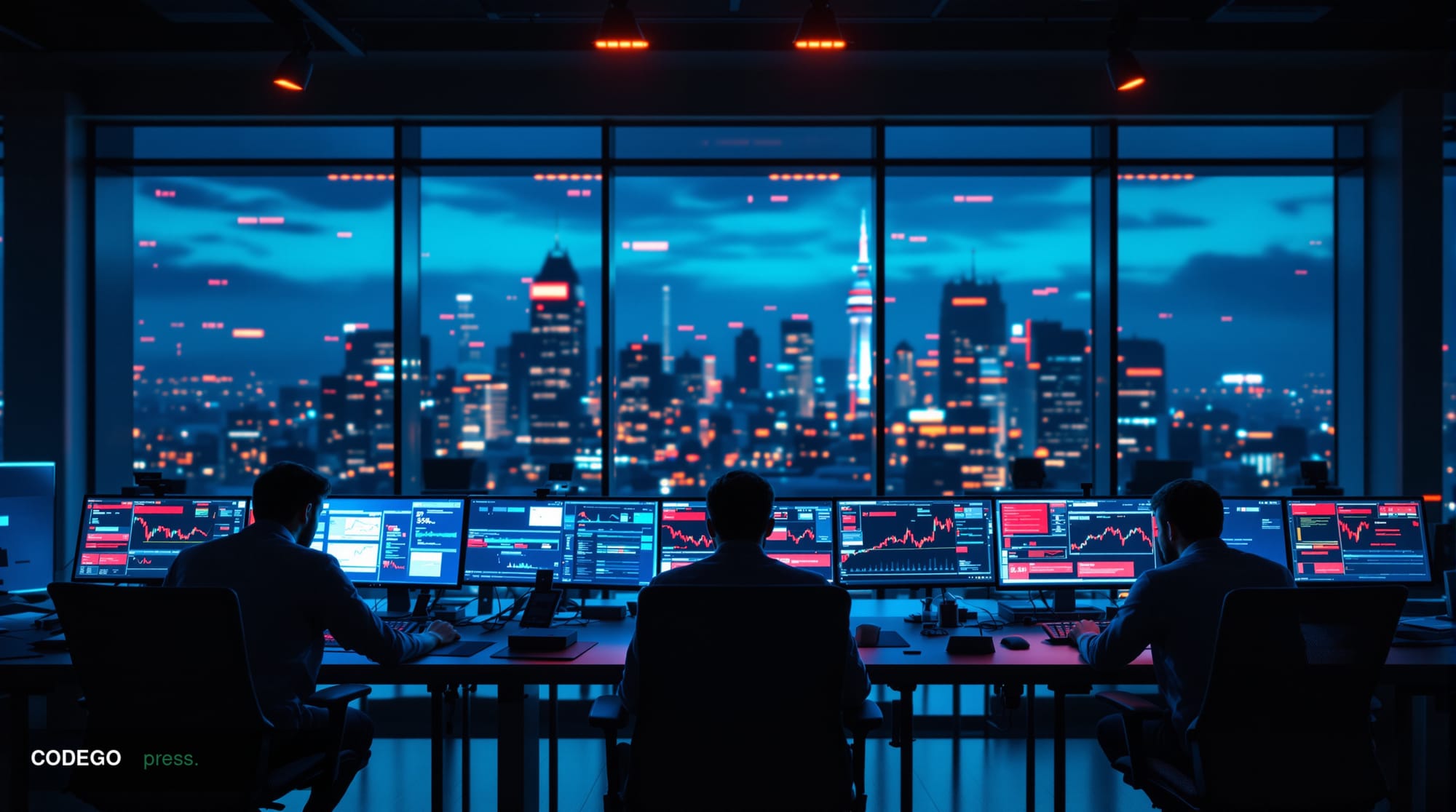 A dramatic editorial photograph showing a sleek modern cryptocurrency trading floor or DeFi development office in crisis mode