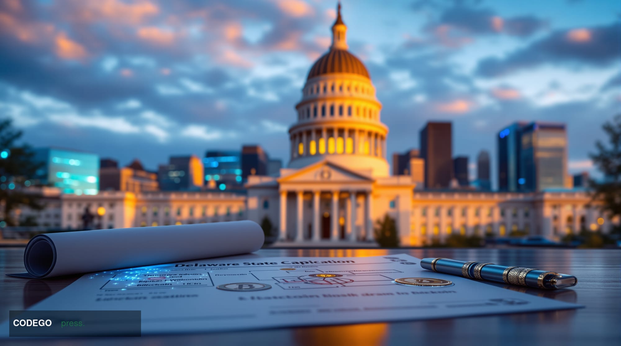 # Image Prompt

A modern Delaware State Capitol building photographed at golden hour, bathed in warm late-afternoon sunlight,