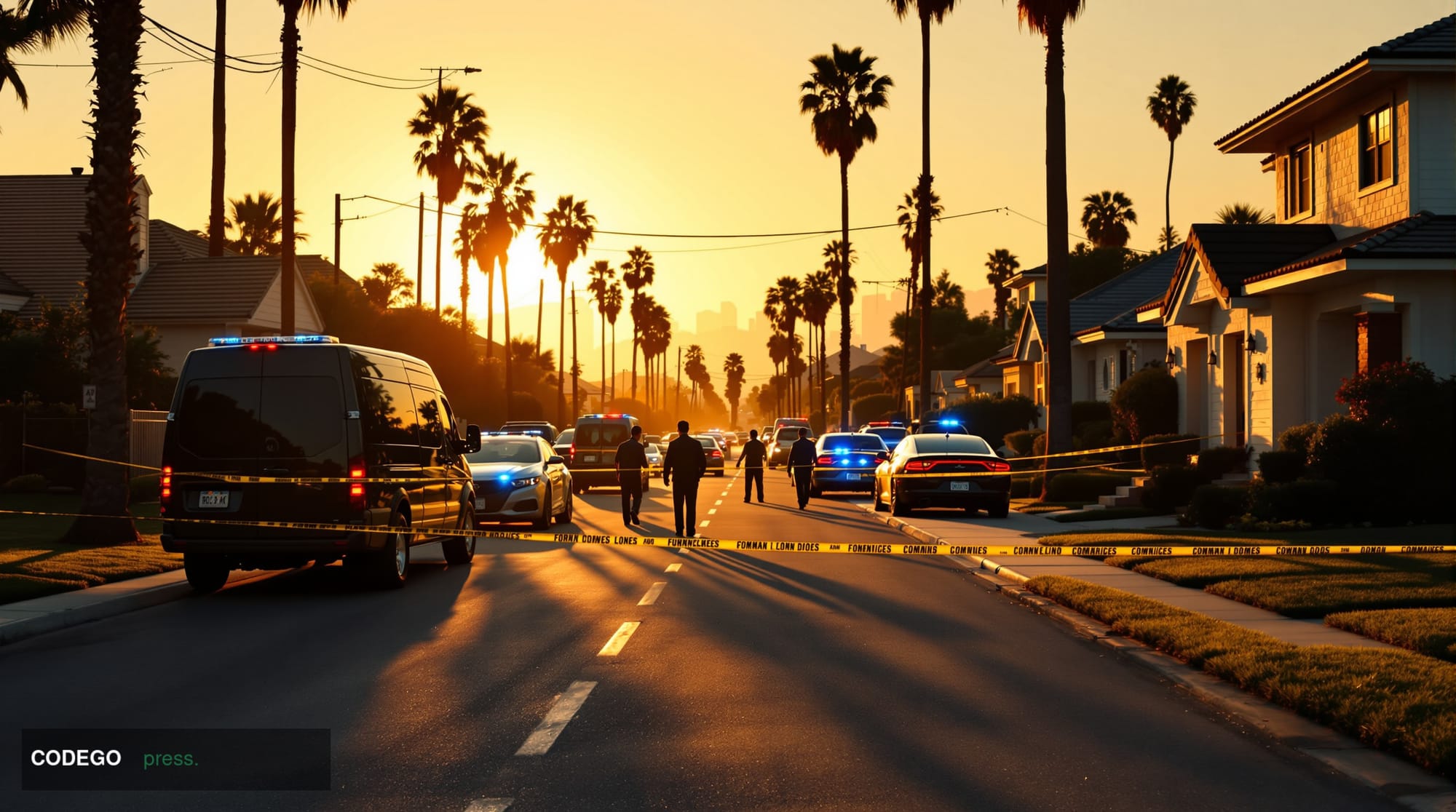 A dramatic photorealistic editorial news photograph capturing the aftermath of a cryptocurrency crime investigation in a Los 