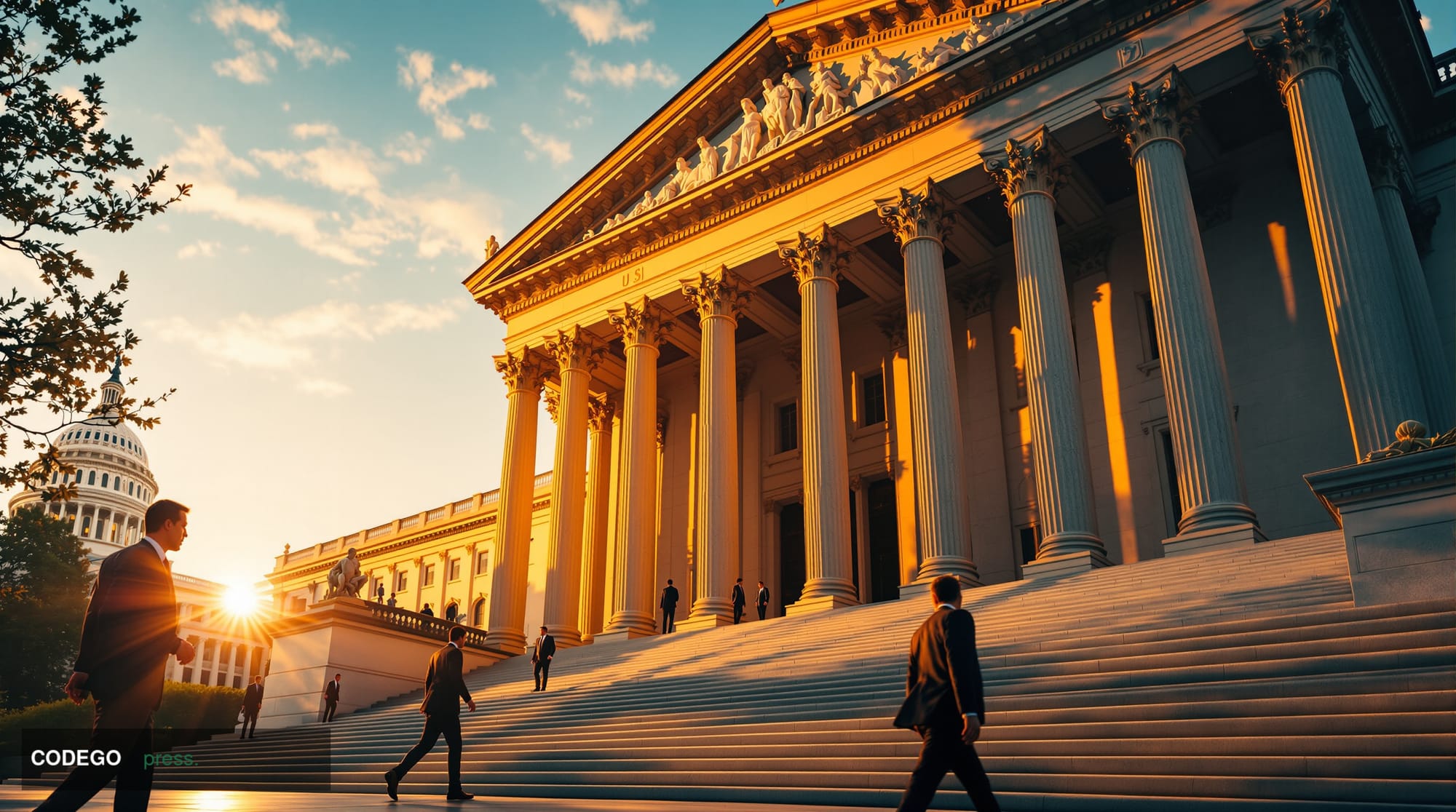A photorealistic editorial photograph capturing the intersection of democratic institutions and financial power in Washington